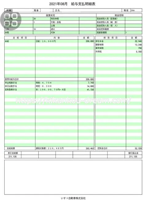 いすゞ期間工給料明細202108